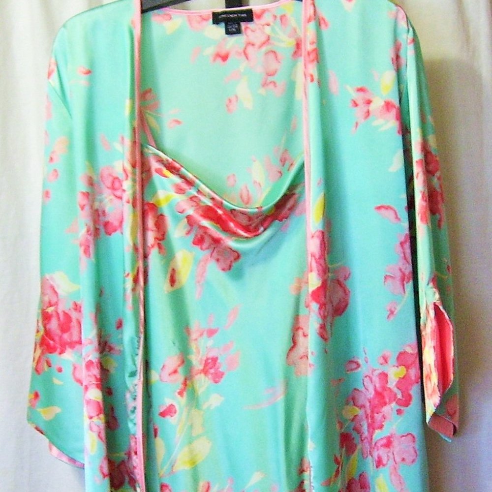 Jones New York Short Aqua Peach Satin Robe & Nightgown Set NWOT Size L